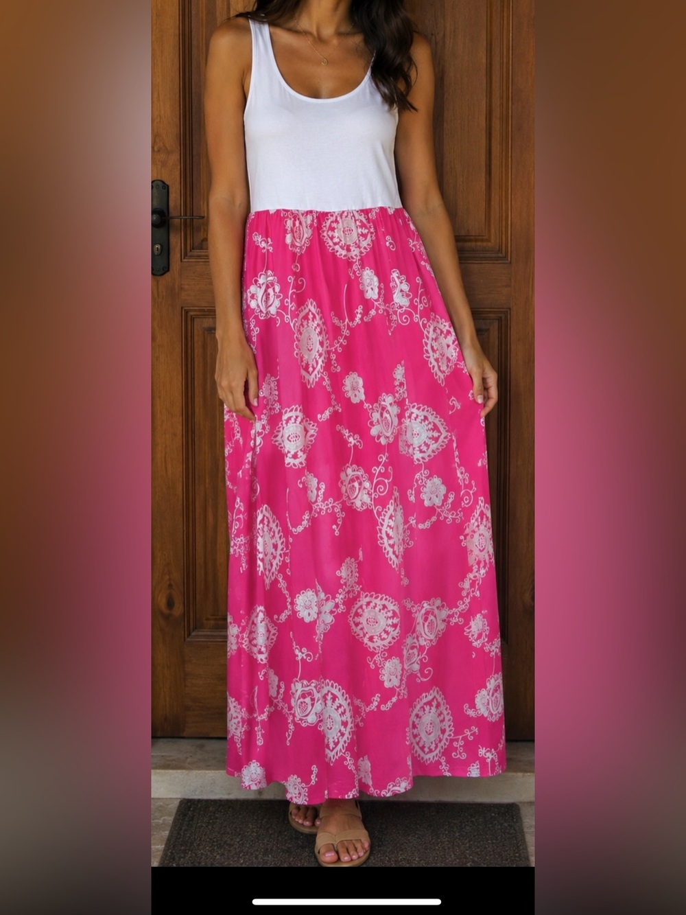 White Tank Top Pink Printed Maxi Dress with pockets